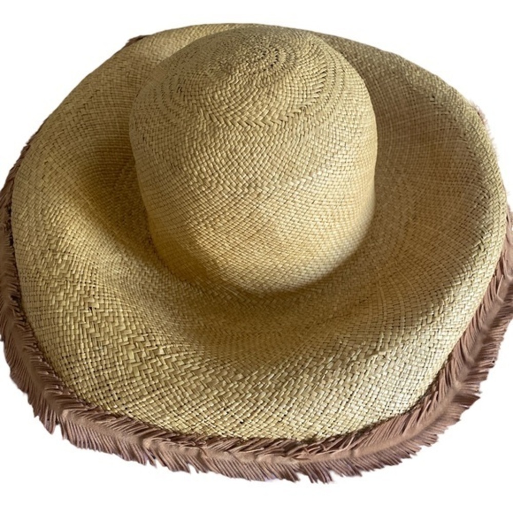 Handmade Ecuadorian Tan Straw Hat with Fringe -L tan with fringe